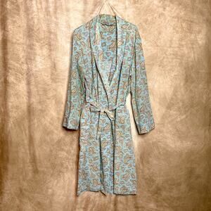 Vintage 60s Paisley Robe Leisure Smoking Jacket Blue Multicolor Belted Sleepwear